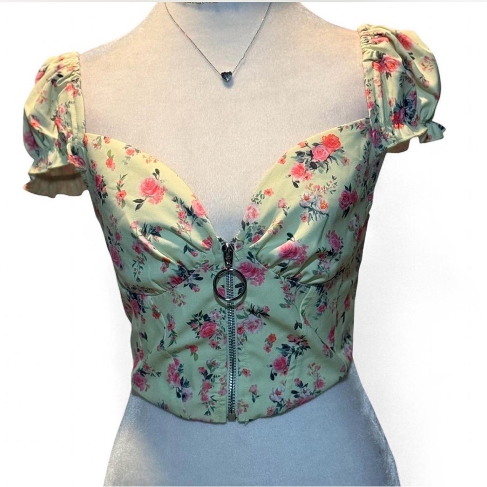 White Fox Boutique Corset Style Crop Top. Small. Yellow Floral, Y2K